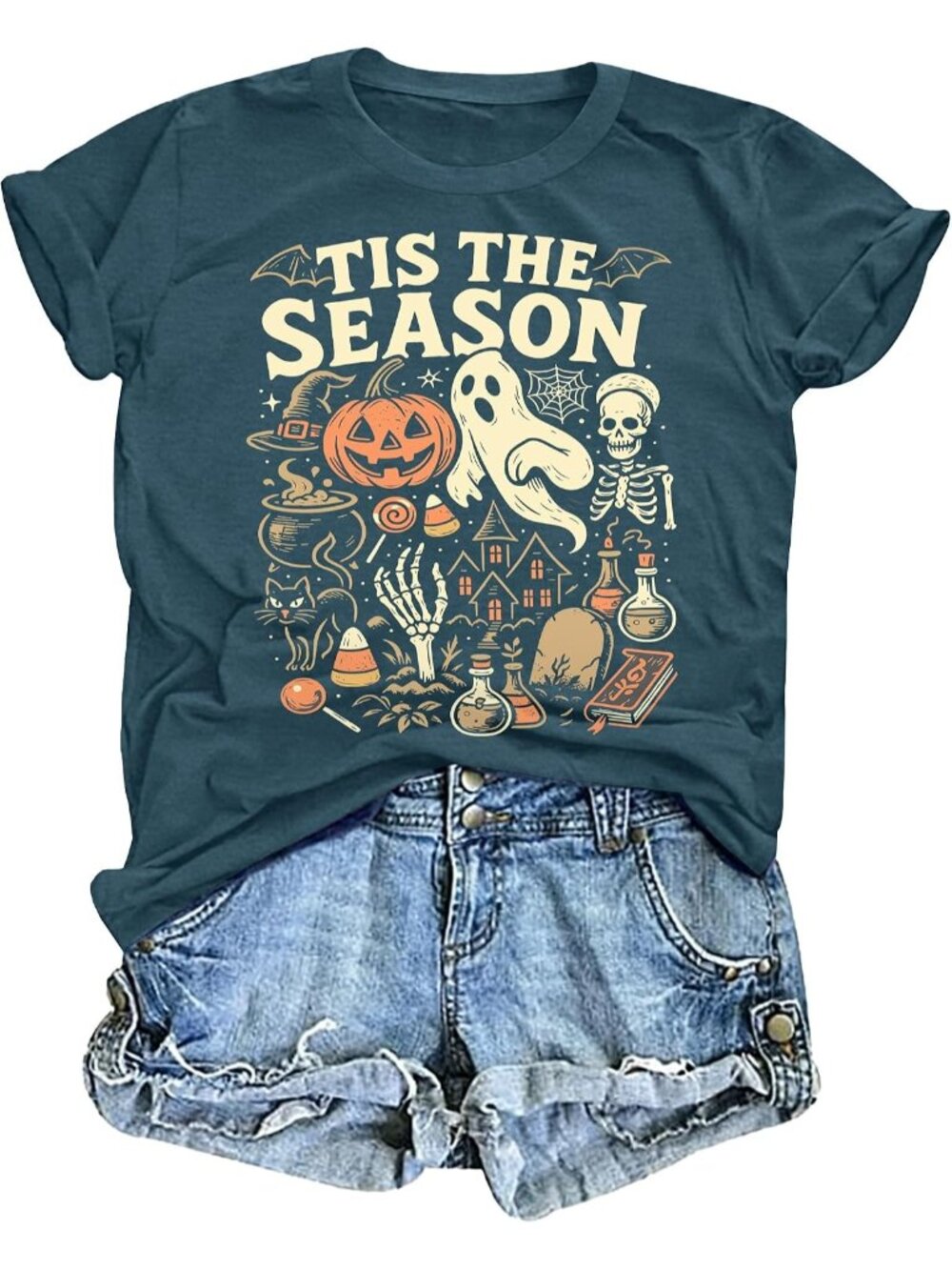 🆕 Womens Tis The Season Halloween Teal Graphic Tee Short Sleeve Casual Tee